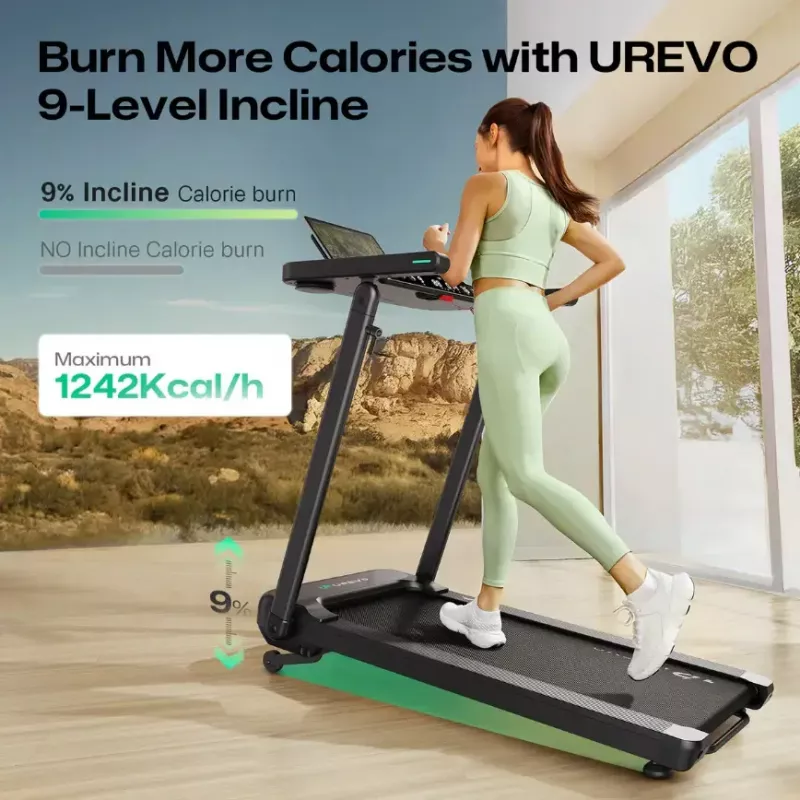 Urevo skrejceļš ar iebūvētu darba un vingrošanas galdu Foldi 3S Maksimālais lietotāja svars 120 kg Minimālais ātrums 1 km/h Maksimālais ātrums 12 km/h