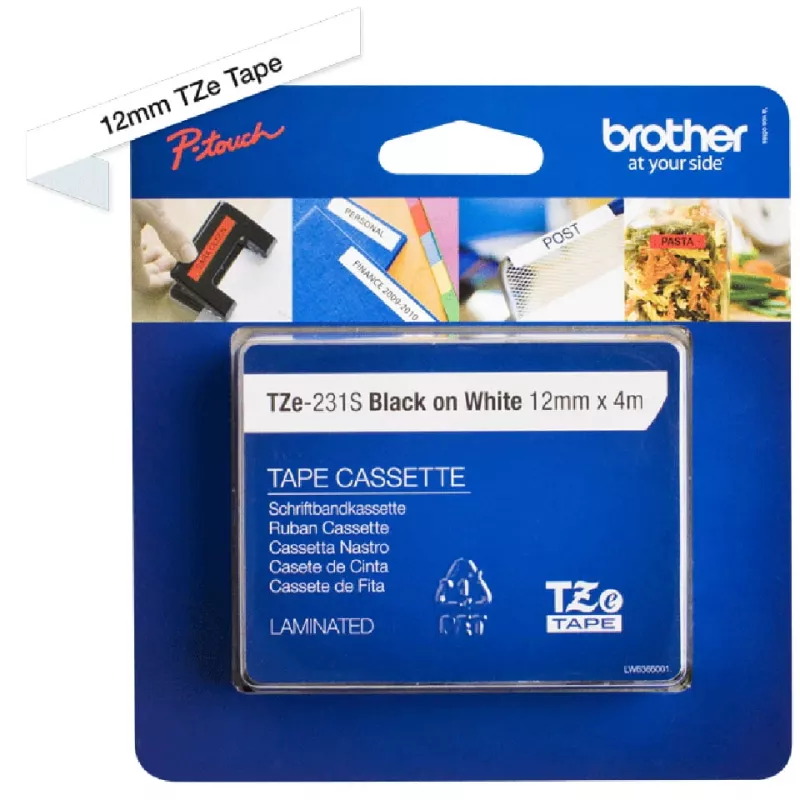 Brother TZe231S - Laminiertes Band - Schwarz auf Weiß - Rolle (1,2 cm x 4 m) 1 Rolle(n) - für P-Touch PT-1010, 1080, 1090, 1230, 1280, 1290, 2100, 243