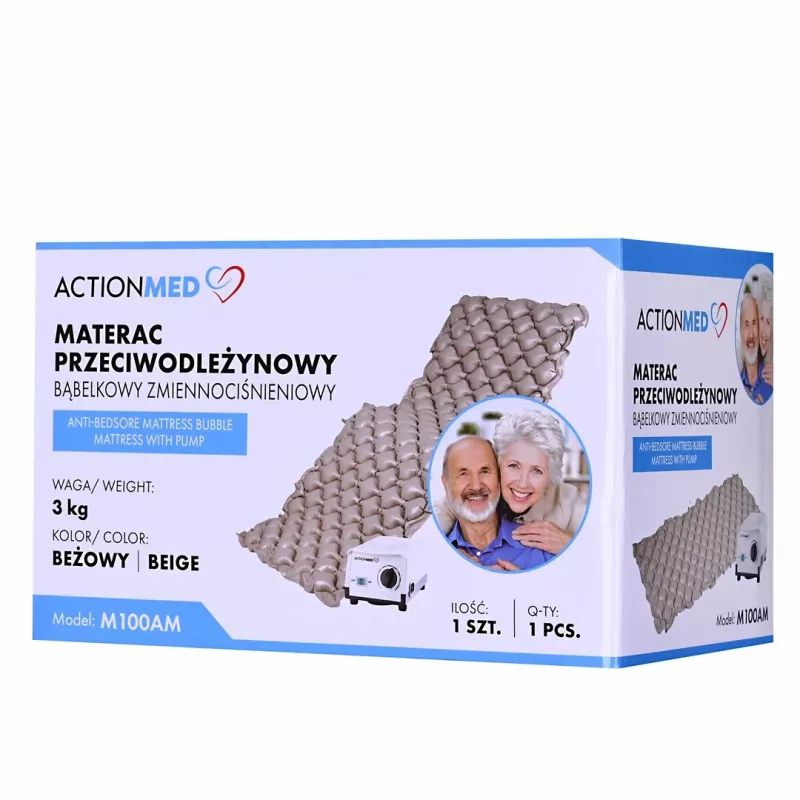 Pretizgulējumu burbuļmatracis ActionMed M100AM ar mainīgu spiedienu, viens PVC matracis 192×82×7 cm, maks. lietotāja svars 135 kg