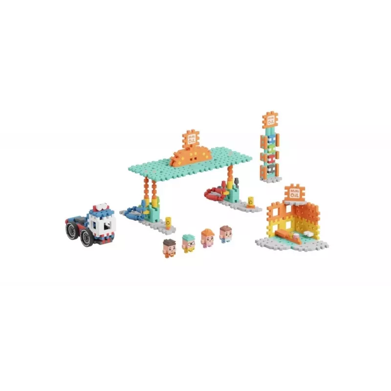 Rotaļu konstruktora komplekts Marioinex Mini Waffle Blocks degvielas uzpildes stacija, 148 gabali, daudzkrāsu, vecumam 6+