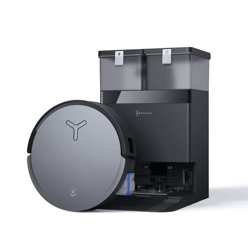 Robot vacuum Ecovacs Deebot X8 Omni — melns, 5200 mAh baterija, 128 min darbības laiks, putekļu maiss 0,22 L, mitrā slaucīšana, automātiskā bāzes stacija