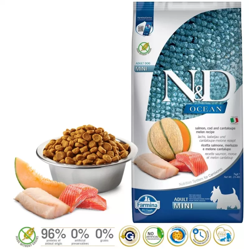 FARMINA N&D Ocean Dog Lasis, Menca, Kantalupas Melone, Melone Adult Mini - sausā suņu barība - 7 kg
