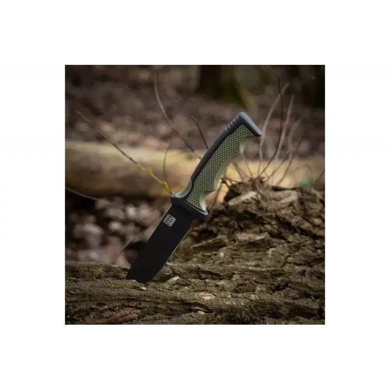 Daudzfunkciju nazis 101 INC Bushawk 9244 — nerūsējošā tērauda 3Cr13 asmens 110 mm, zaļš plastmasas rokturis, neslīdoša virsma, ietver apvalku