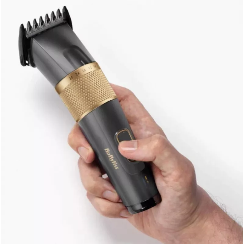 Hair Trimmer BaByliss E987E Gold Granite — uzlādējams Li-Ion, 8 garuma soļi, 0,6 mm–28 mm, ūdensizturīgs