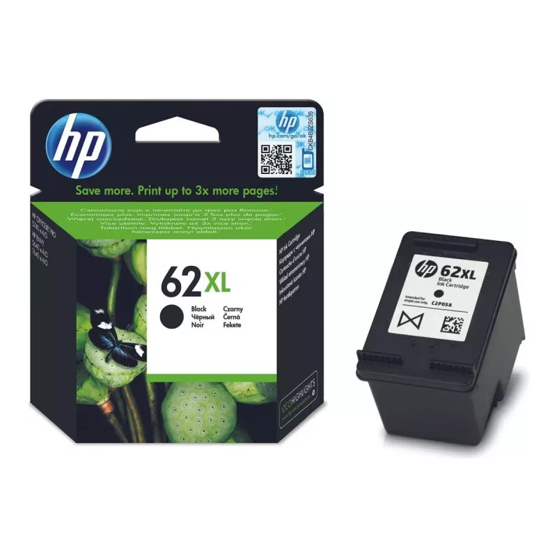 HP 62XL oriģinālā tintes kasetne C2P05AE 301 melna lielas ietilpības 1 iepakojumā blistera daudz uzlīmju