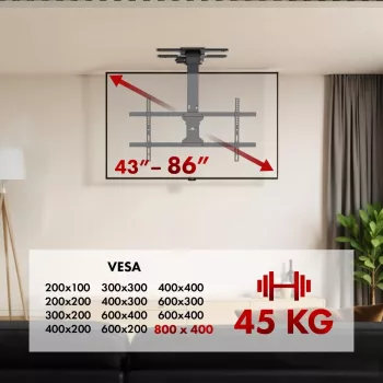 Griestu TV stiprinājums MACLEAN MC-110 T 43–86 collu televizoriem, VESA līdz 800×400, maksimālā slodze 45 kg