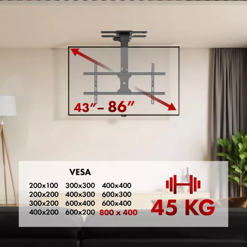 Griestu TV stiprinājums MACLEAN MC-110 T 43–86 collu televizoriem, VESA līdz 800×400, maksimālā slodze 45 kg