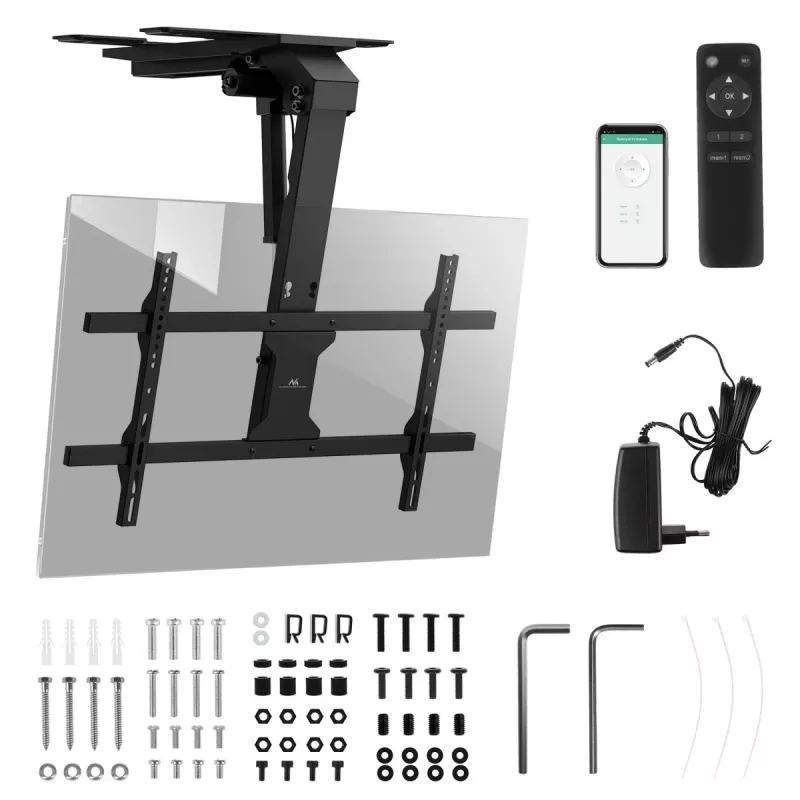 Griestu TV stiprinājums MACLEAN MC-110 T 43–86 collu televizoriem, VESA līdz 800×400, maksimālā slodze 45 kg