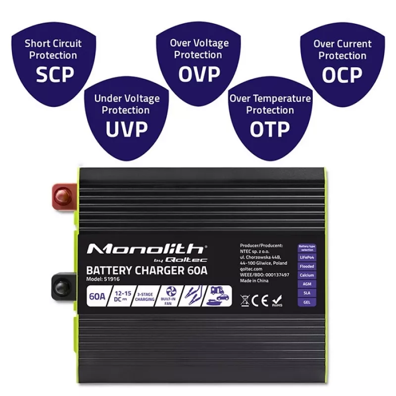 Akumulatoru lādētājs QOLTEC 51916 60A 12V LiFePO4, AGM, GEL, SLA baterijām