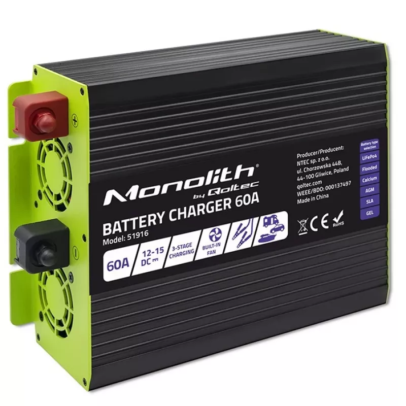 Akumulatoru lādētājs QOLTEC 51916 60A 12V LiFePO4, AGM, GEL, SLA baterijām