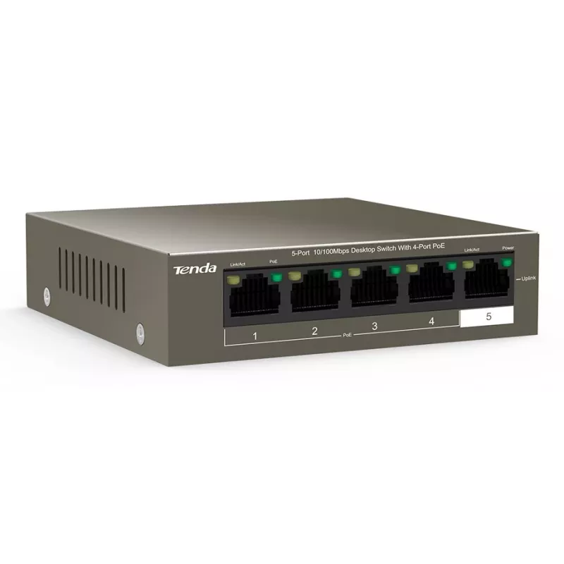 Tenda TEF1105-4-63W tīkla komutators Nepārvaldāms Fast Ethernet (10/100) Power over Ethernet (PoE) galda/sienas stiprinājums Pelēks