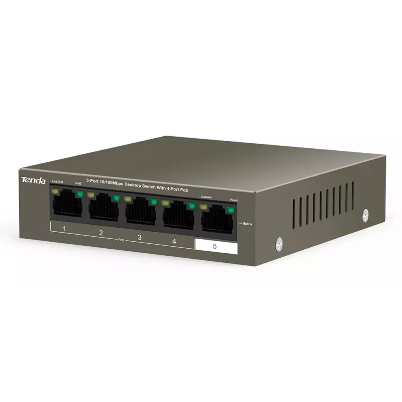 Tenda TEF1105-4-63W tīkla komutators Nepārvaldāms Fast Ethernet (10/100) Power over Ethernet (PoE) galda/sienas stiprinājums Pelēks
