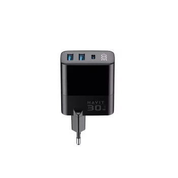 Lādētājs HAVIT UCLE001 EU GaN trīs porti 30 W melns — kompakts USB lādētājs ar 3 portiem