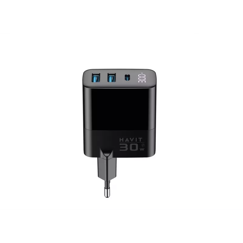 Lādētājs HAVIT UCLE001 EU GaN trīs porti 30 W melns — kompakts USB lādētājs ar 3 portiem
