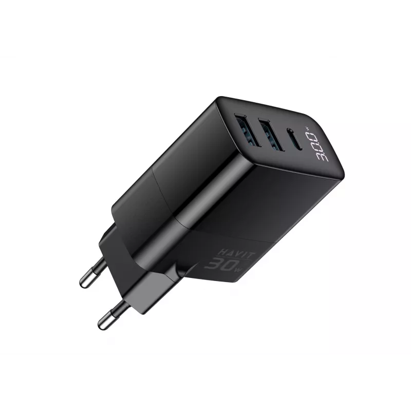 Lādētājs HAVIT UCLE001 EU GaN trīs porti 30 W melns — kompakts USB lādētājs ar 3 portiem