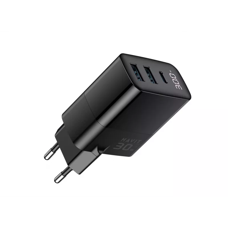 Lādētājs HAVIT UCLE001 EU GaN trīs porti 30 W melns — kompakts USB lādētājs ar 3 portiem