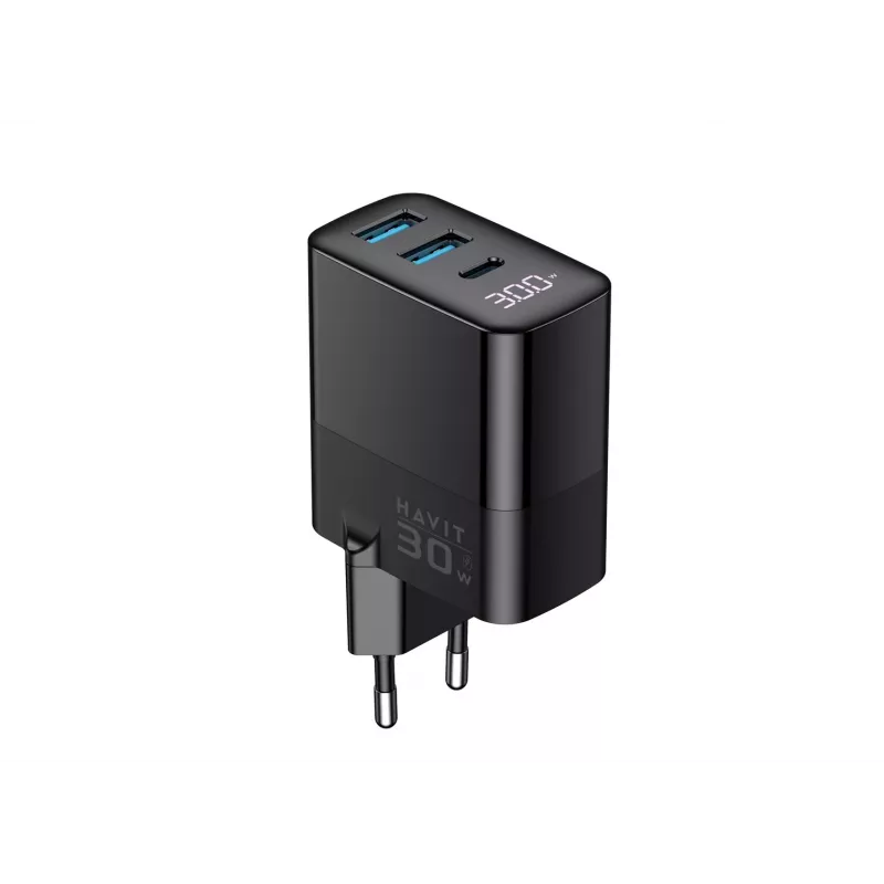 Lādētājs HAVIT UCLE001 EU GaN trīs porti 30 W melns — kompakts USB lādētājs ar 3 portiem