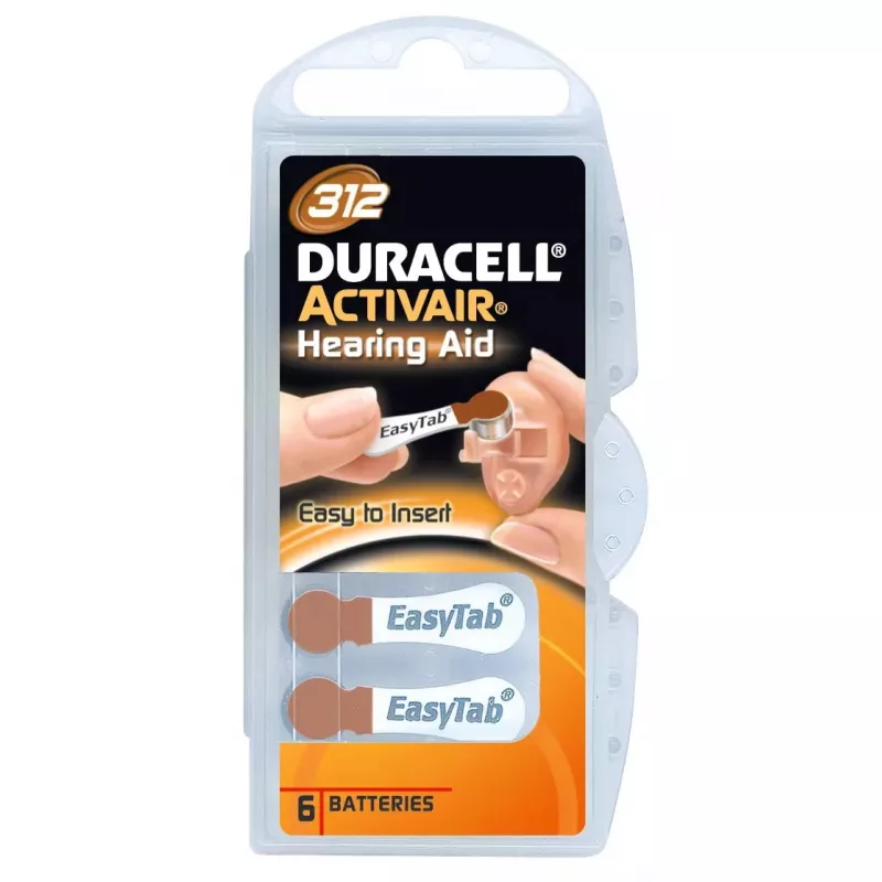 Pogelementu baterijas Duracell A312 cinka-gaisa, iepakojumā 6 gab., dzirdes aparātiem un mazām audio ierīcēm