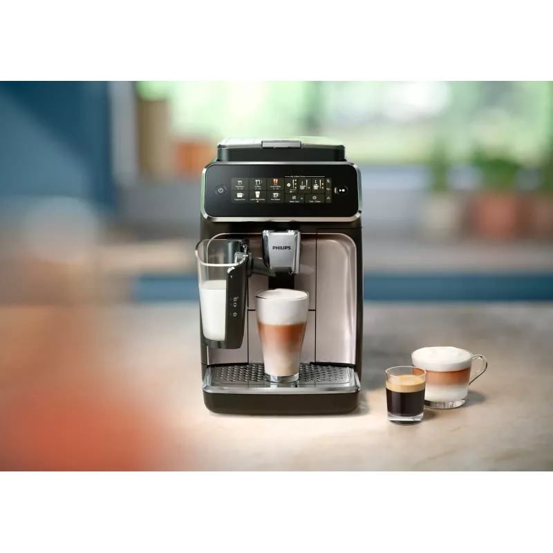 Espresso kafijas automāts Philips EP3343/90 — pilnībā automātisks, 2 tases, 15 bāri, keramikas dzirnaviņas, 275 g pupiņu tvertne, piena tvertne, TFT skārienekrāns