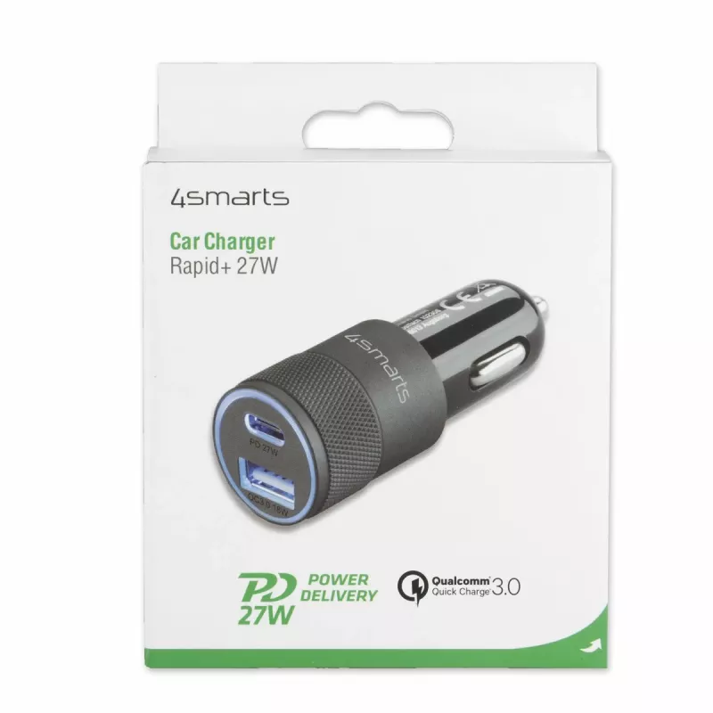 4smarts Rapid+ - Auto barošanas avots - 27 vati - 3 A - QC 3.0, PD - 2 izejas porti (USB, 24 kontaktu USB-C)