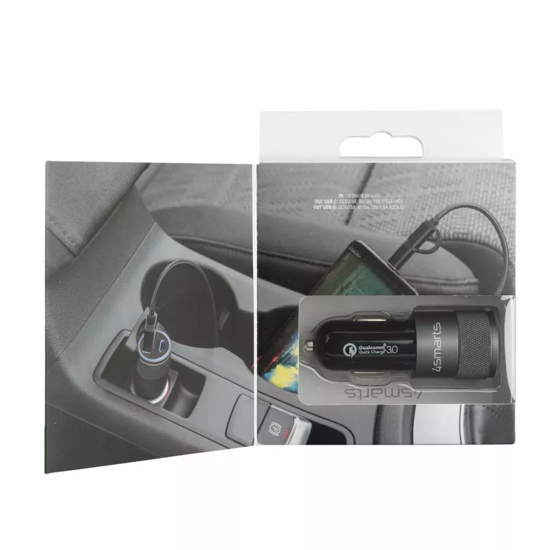 4smarts Rapid+ - Auto barošanas avots - 27 vati - 3 A - QC 3.0, PD - 2 izejas porti (USB, 24 kontaktu USB-C)
