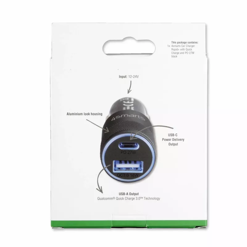 4smarts Rapid+ - Auto barošanas avots - 27 vati - 3 A - QC 3.0, PD - 2 izejas porti (USB, 24 kontaktu USB-C)