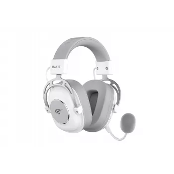 Over-ear austiņas HAVIT H2002YG — 2,4G bezvadu, Bluetooth, vadu, 20–20 000 Hz, 10 m diapazons, 257 g (balta/pelēka)