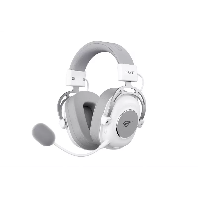 Over-ear austiņas HAVIT H2002YG — 2,4G bezvadu, Bluetooth, vadu, 20–20 000 Hz, 10 m diapazons, 257 g (balta/pelēka)