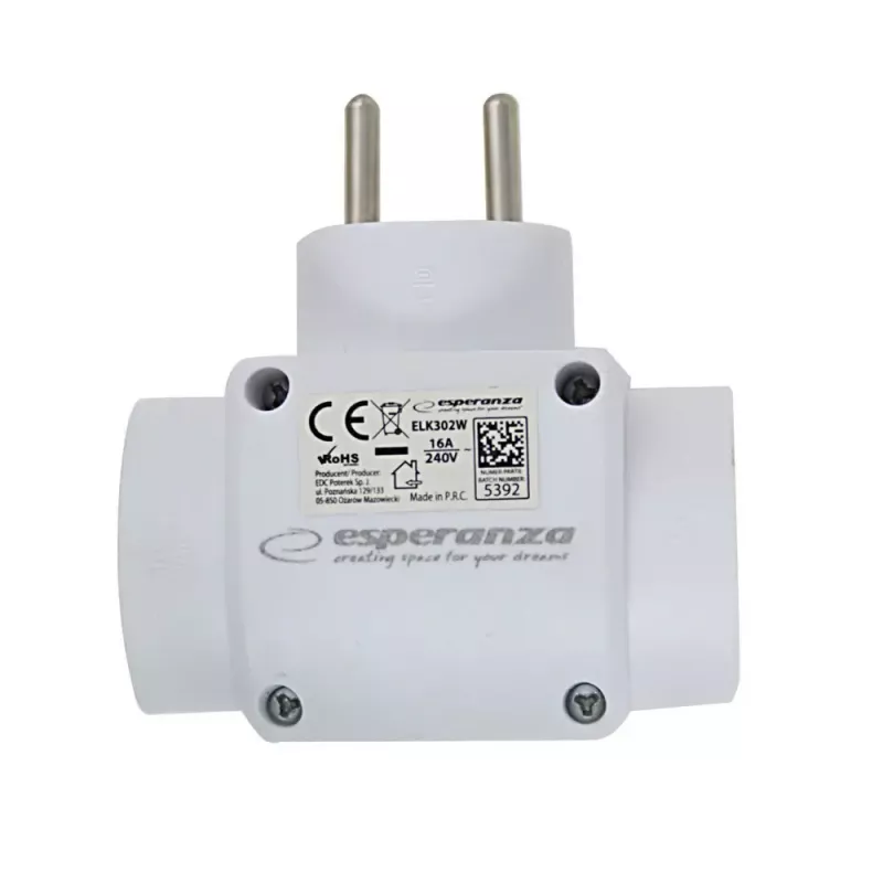 Esperanza ELK302W elektrības sadalītājs, 3 ligzdas, balts