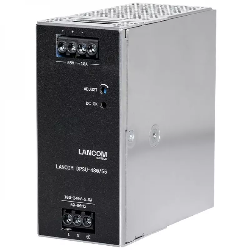 Barošanas bloks Lancom Systems LANCOM DPSU-480/55 — 480 W, maiņstrāva 100–240 V, TS35 DIN, melns/tērauds
