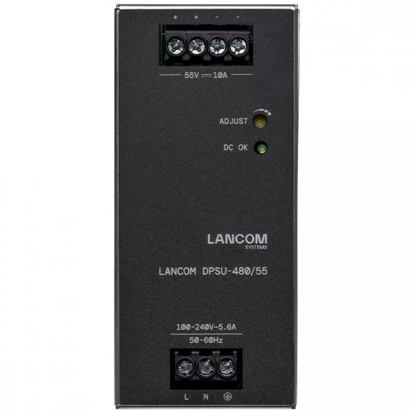 Barošanas bloks Lancom Systems LANCOM DPSU-480/55 — 480 W, maiņstrāva 100–240 V, TS35 DIN, melns/tērauds