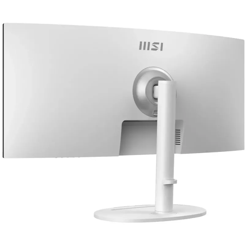 34 collu MSI Modern MD342CQPWDE izliekts VA LCD monitors 3440×1440 UWQHD 21:9, 4 ms, 300 cd/m², USB centrmezgls, skaļruņi, VESA, augstumā regulējams — Balts