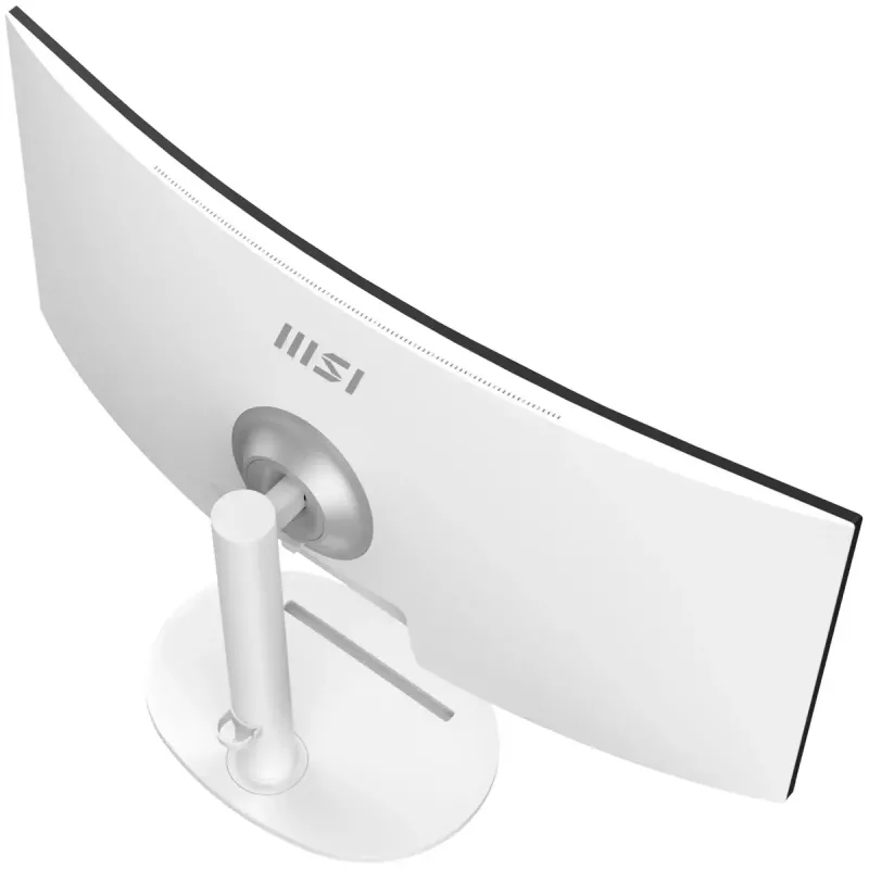 34 collu MSI Modern MD342CQPWDE izliekts VA LCD monitors 3440×1440 UWQHD 21:9, 4 ms, 300 cd/m², USB centrmezgls, skaļruņi, VESA, augstumā regulējams — Balts