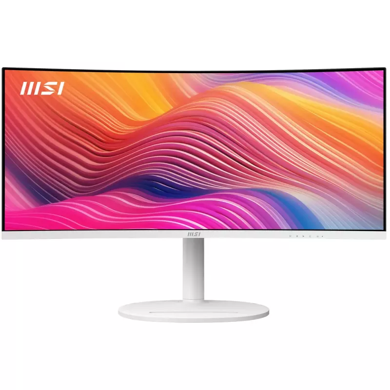 34 collu MSI Modern MD342CQPWDE izliekts VA LCD monitors 3440×1440 UWQHD 21:9, 4 ms, 300 cd/m², USB centrmezgls, skaļruņi, VESA, augstumā regulējams — Balts