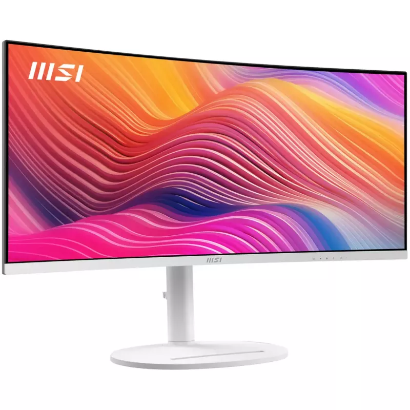 34 collu MSI Modern MD342CQPWDE izliekts VA LCD monitors 3440×1440 UWQHD 21:9, 4 ms, 300 cd/m², USB centrmezgls, skaļruņi, VESA, augstumā regulējams — Balts