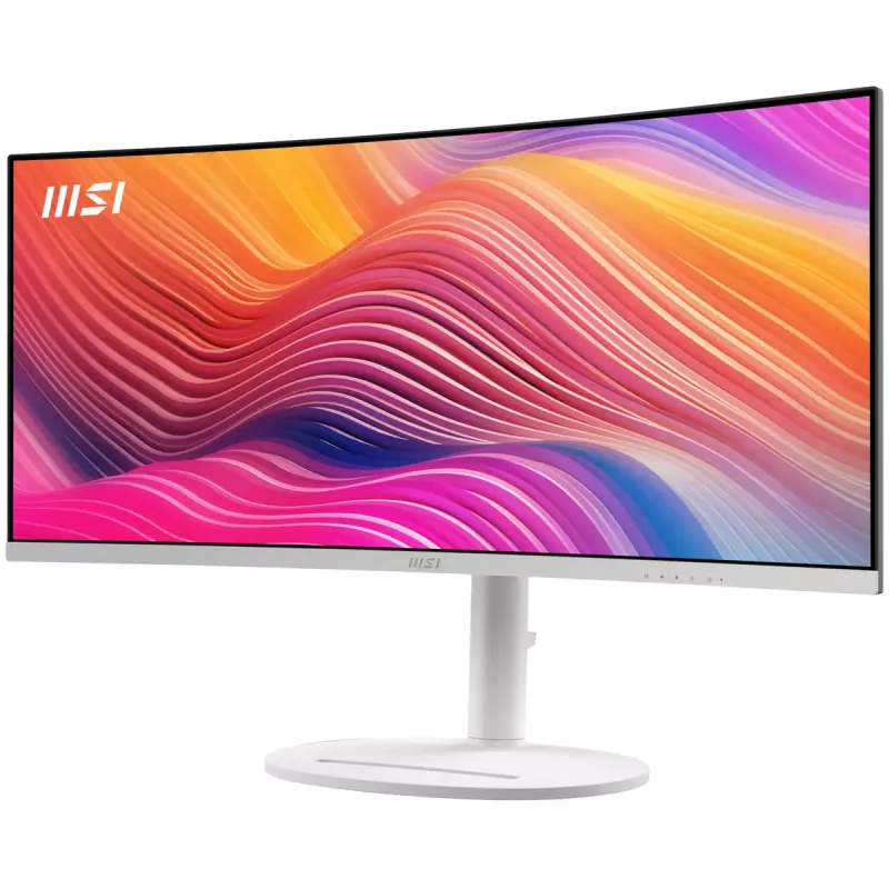 34 collu MSI Modern MD342CQPWDE izliekts VA LCD monitors 3440×1440 UWQHD 21:9, 4 ms, 300 cd/m², USB centrmezgls, skaļruņi, VESA, augstumā regulējams — Balts