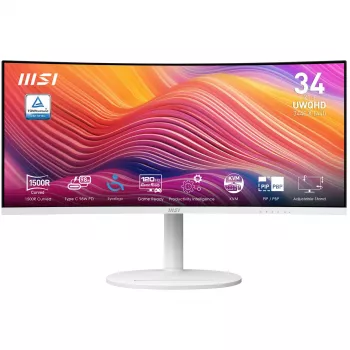 34 collu MSI Modern MD342CQPWDE izliekts VA LCD monitors 3440×1440 UWQHD 21:9, 4 ms, 300 cd/m², USB centrmezgls, skaļruņi, VESA, augstumā regulējams — Balts