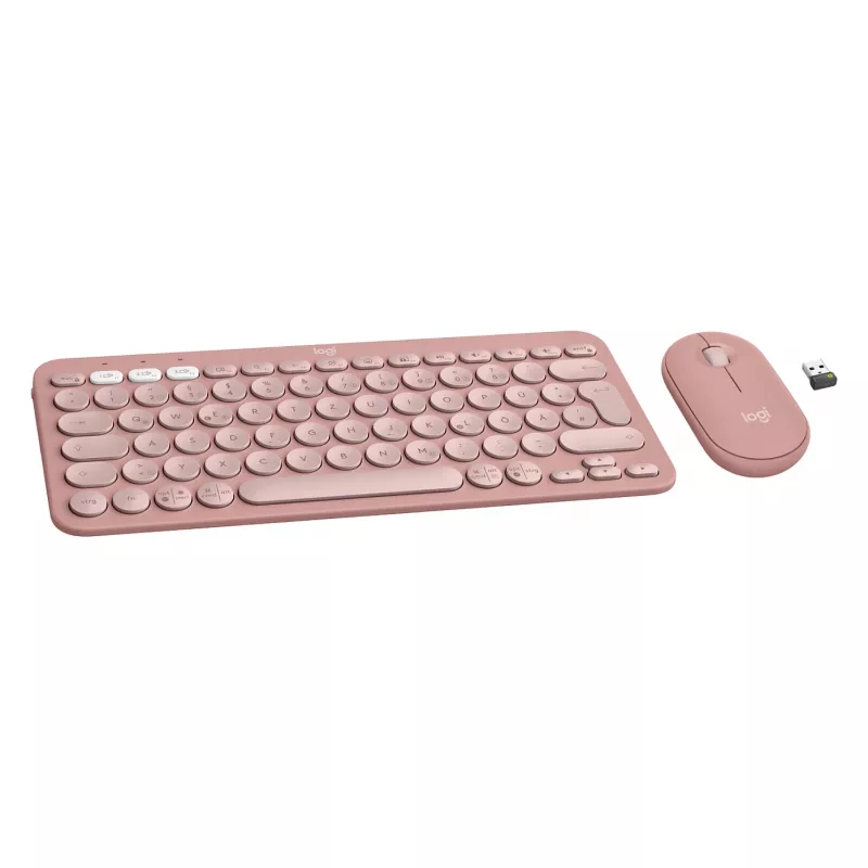 Logitech Pebble 2 Combo tastatūra un pele, iekļauts universāls RF bezvadu + Bluetooth QWERTZ vācu rozā (920-012205)