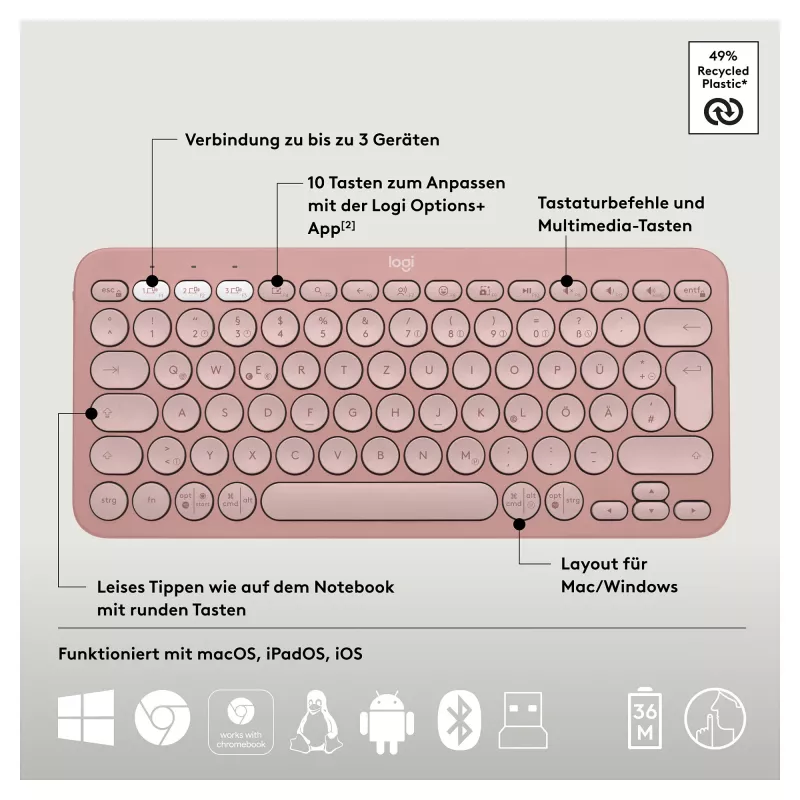 Logitech Pebble 2 Combo tastatūra un pele, iekļauts universāls RF bezvadu + Bluetooth QWERTZ vācu rozā (920-012205)