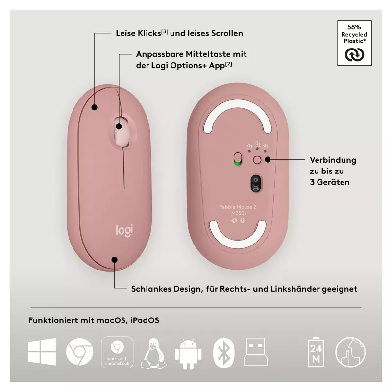 Logitech Pebble 2 Combo tastatūra un pele, iekļauts universāls RF bezvadu + Bluetooth QWERTZ vācu rozā (920-012205)