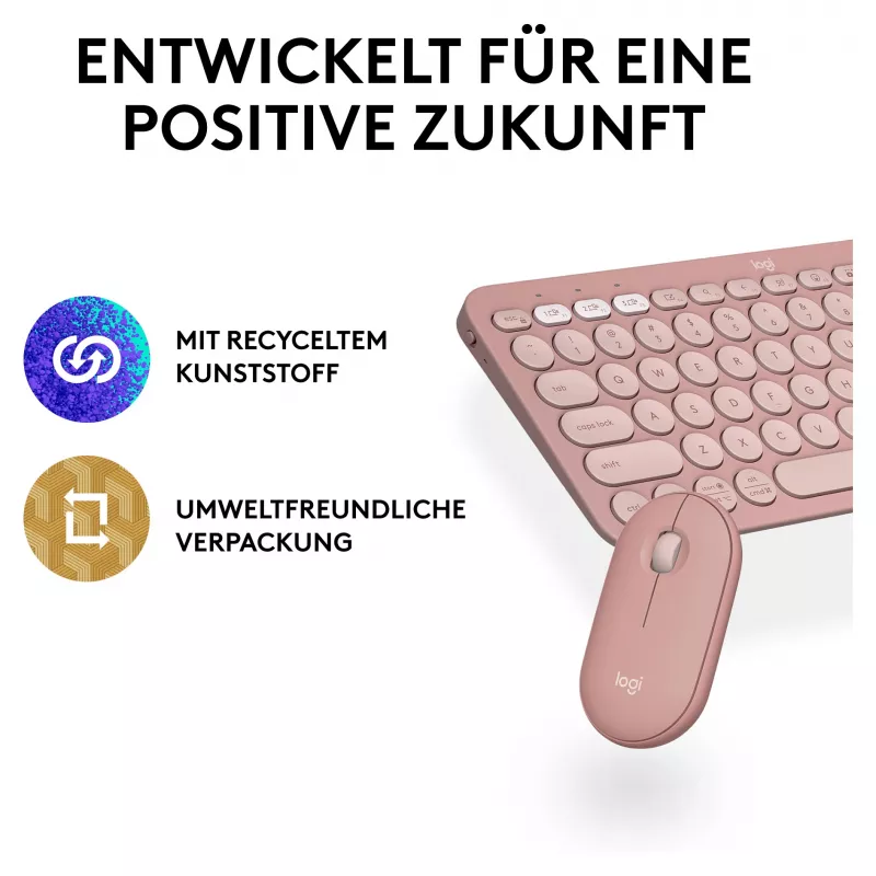 Logitech Pebble 2 Combo tastatūra un pele, iekļauts universāls RF bezvadu + Bluetooth QWERTZ vācu rozā (920-012205)