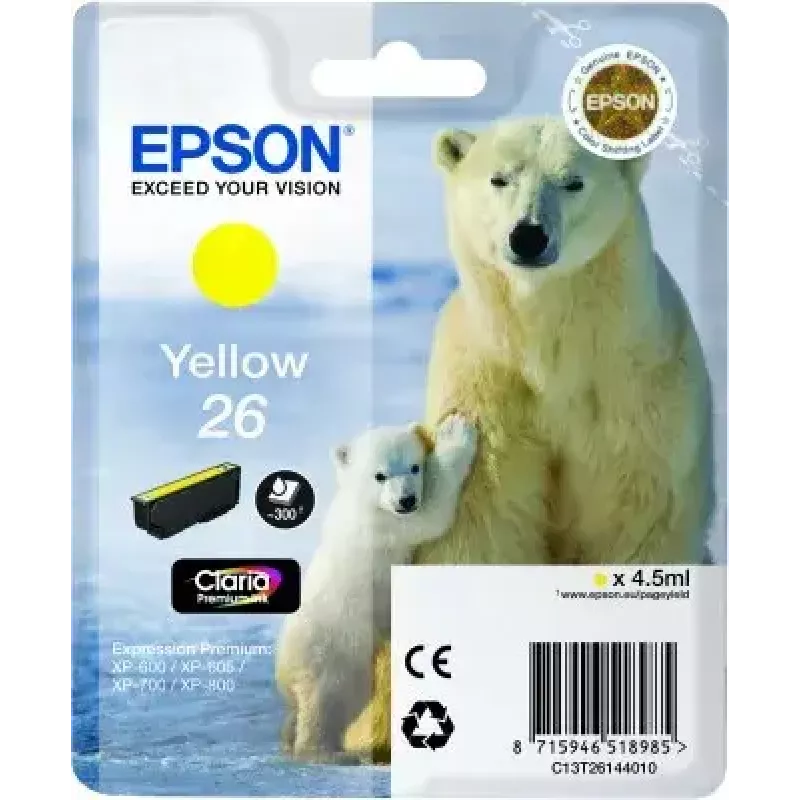 Epson C13T26144010 Singlepack dzeltena 26 Claria Premium tintes kasetne ar pigmenta bāzes tinti, 1 gab.
