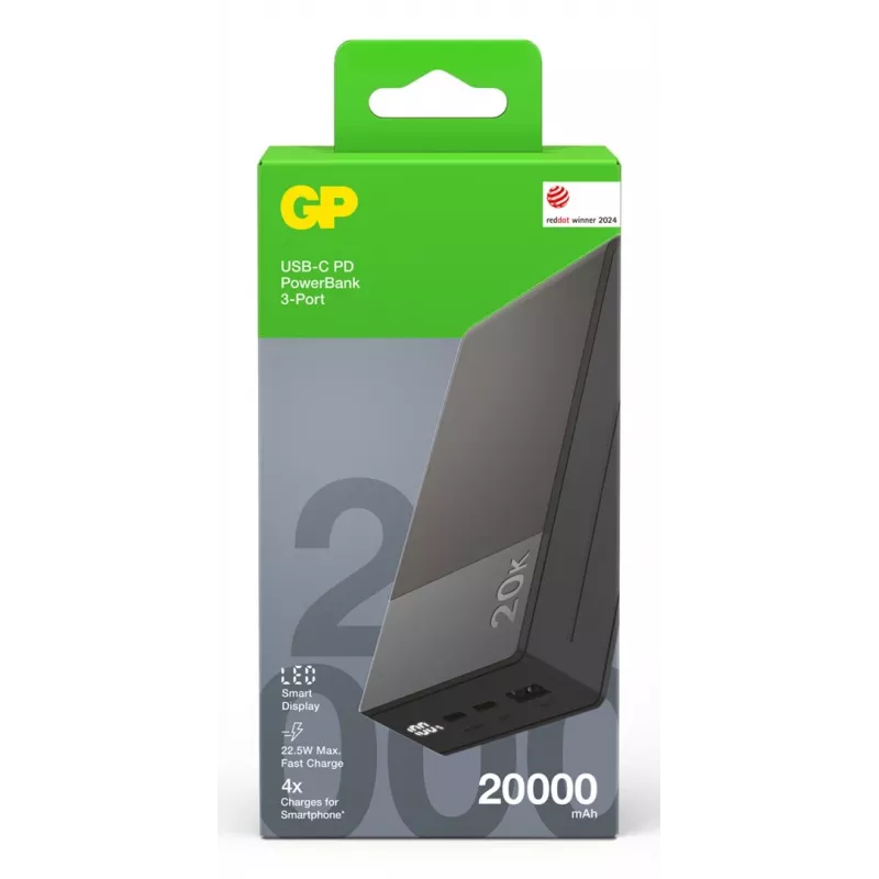 GP Battery GP PowerBank M2+ 20C 20000mAh 2xUSB-C/1xUSB-A melns LED rādītāji (GPPBM20CGYMSR287)