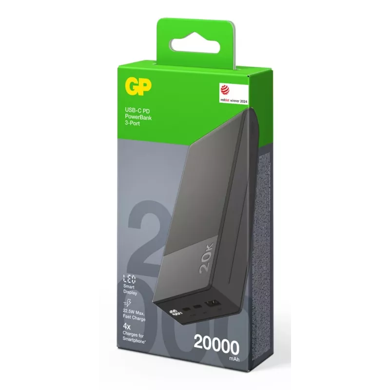 GP Battery GP PowerBank M2+ 20C 20000mAh 2xUSB-C/1xUSB-A melns LED rādītāji (GPPBM20CGYMSR287)