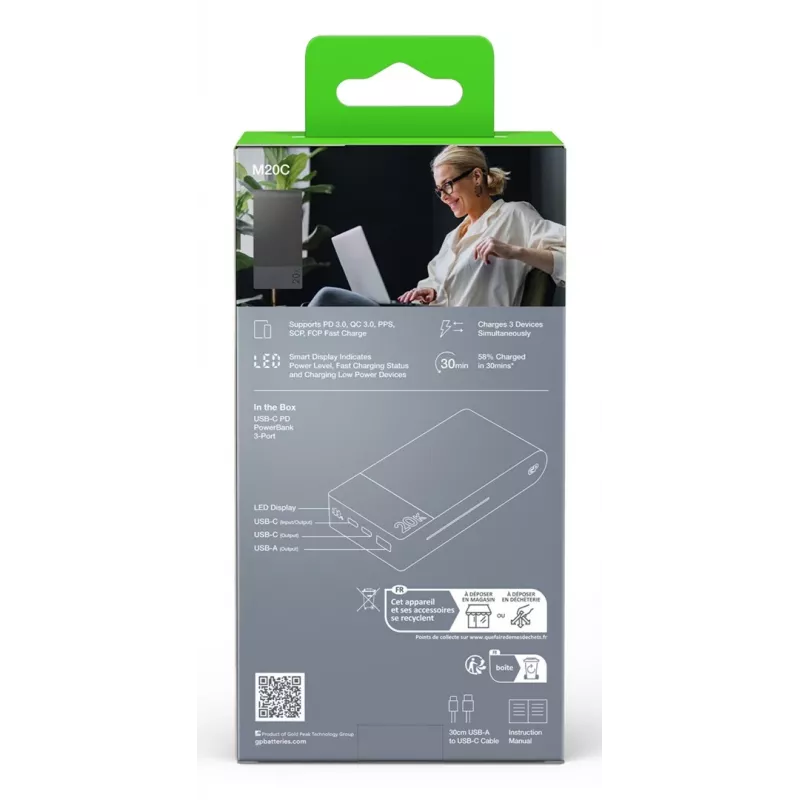 GP Battery GP PowerBank M2+ 20C 20000mAh 2xUSB-C/1xUSB-A melns LED rādītāji (GPPBM20CGYMSR287)