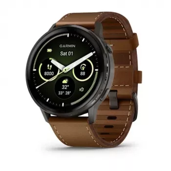Viedpulkstenis GARMIN Venu 4 45 mm (1,4 collas) AMOLED 454×454 px, Wi‑Fi, GPS, 8 GB, melns korpuss, brūna ādas siksniņa