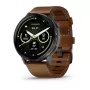 Viedpulkstenis GARMIN Venu 4 45 mm (1,4 collas) AMOLED 454×454 px, Wi‑Fi, GPS, 8 GB, melns korpuss, brūna ādas siksniņa