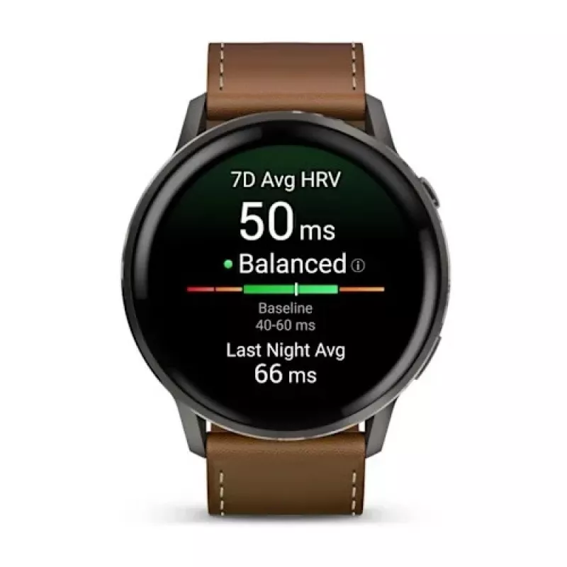 Viedpulkstenis GARMIN Venu 4 45 mm (1,4 collas) AMOLED 454×454 px, Wi‑Fi, GPS, 8 GB, melns korpuss, brūna ādas siksniņa