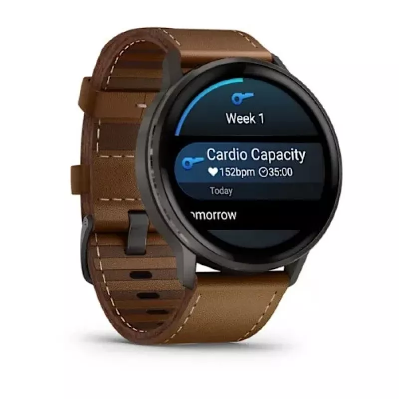 Viedpulkstenis GARMIN Venu 4 45 mm (1,4 collas) AMOLED 454×454 px, Wi‑Fi, GPS, 8 GB, melns korpuss, brūna ādas siksniņa