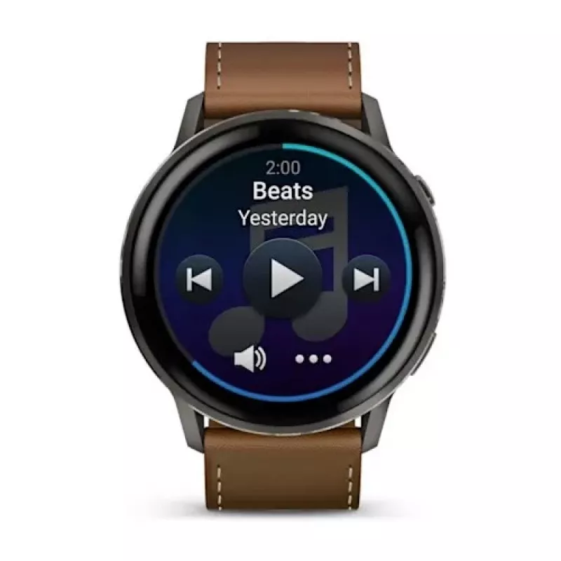Viedpulkstenis GARMIN Venu 4 45 mm (1,4 collas) AMOLED 454×454 px, Wi‑Fi, GPS, 8 GB, melns korpuss, brūna ādas siksniņa